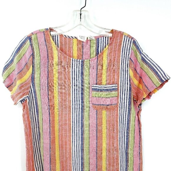 C&C California Colorful Striped Summer Top Round Neck  100% Linen Light Shirt - Picture 2 of 11